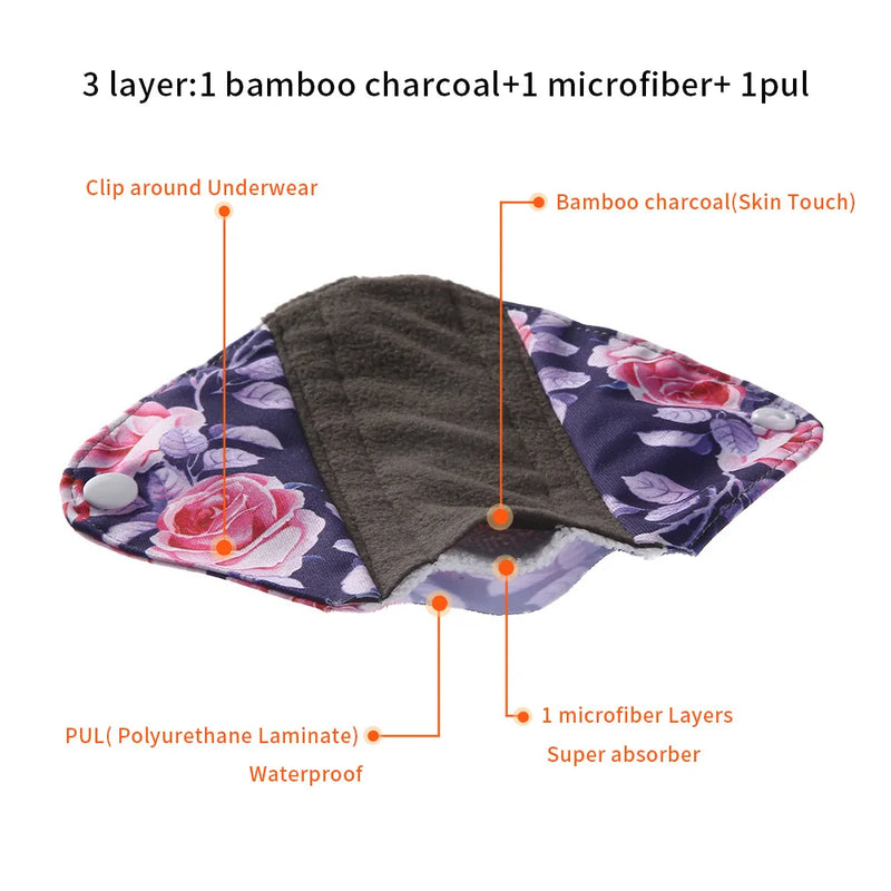 Lot de 10 serviettes hygiéniques réutilisables au charbon de Bambou-Serviettes menstruelles en coton + 1 sac de rangement
