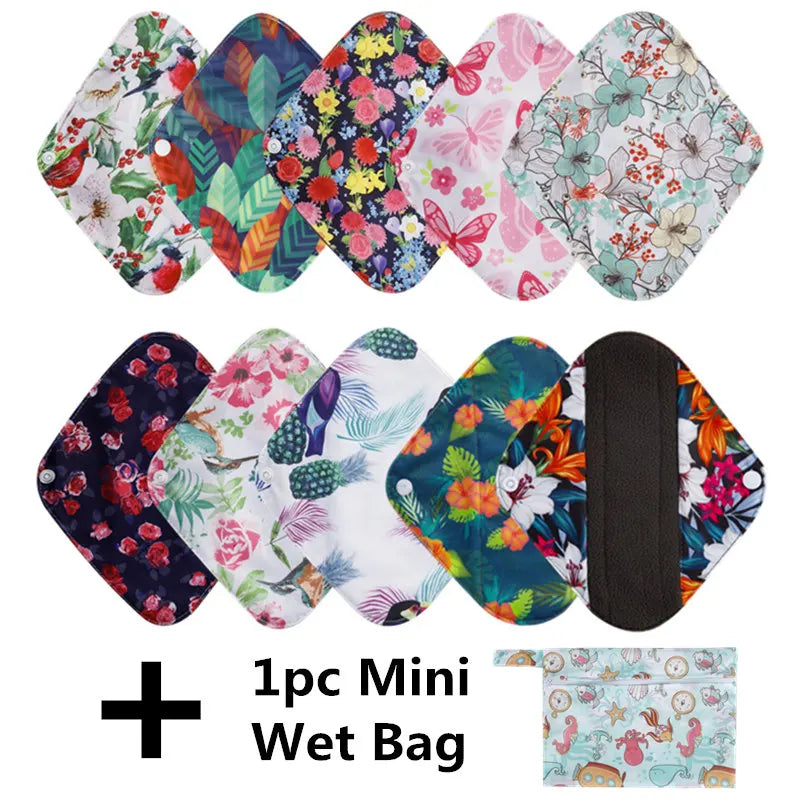 Lot de 10 serviettes hygiéniques réutilisables au charbon de Bambou-Serviettes menstruelles en coton + 1 sac de rangement