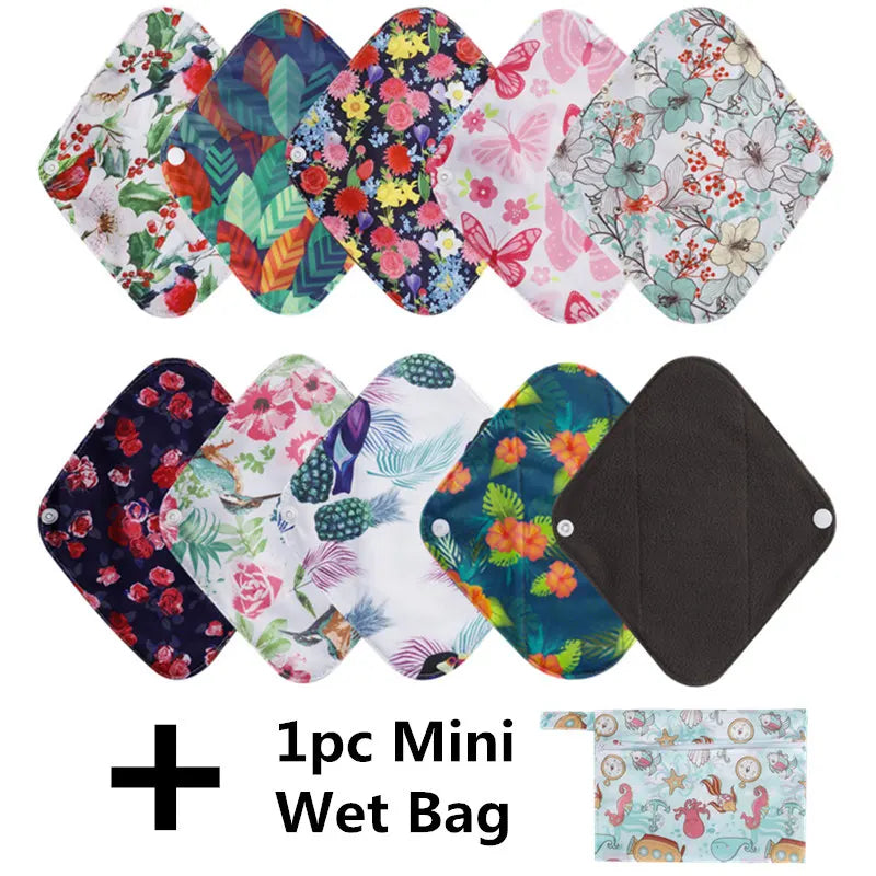 Lot de 10 serviettes hygiéniques réutilisables au charbon de Bambou-Serviettes menstruelles en coton + 1 sac de rangement