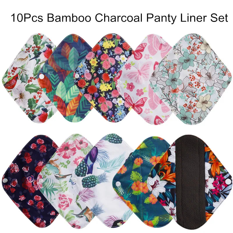 Lot de 10 serviettes hygiéniques réutilisables au charbon de Bambou-Serviettes menstruelles en coton + 1 sac de rangement