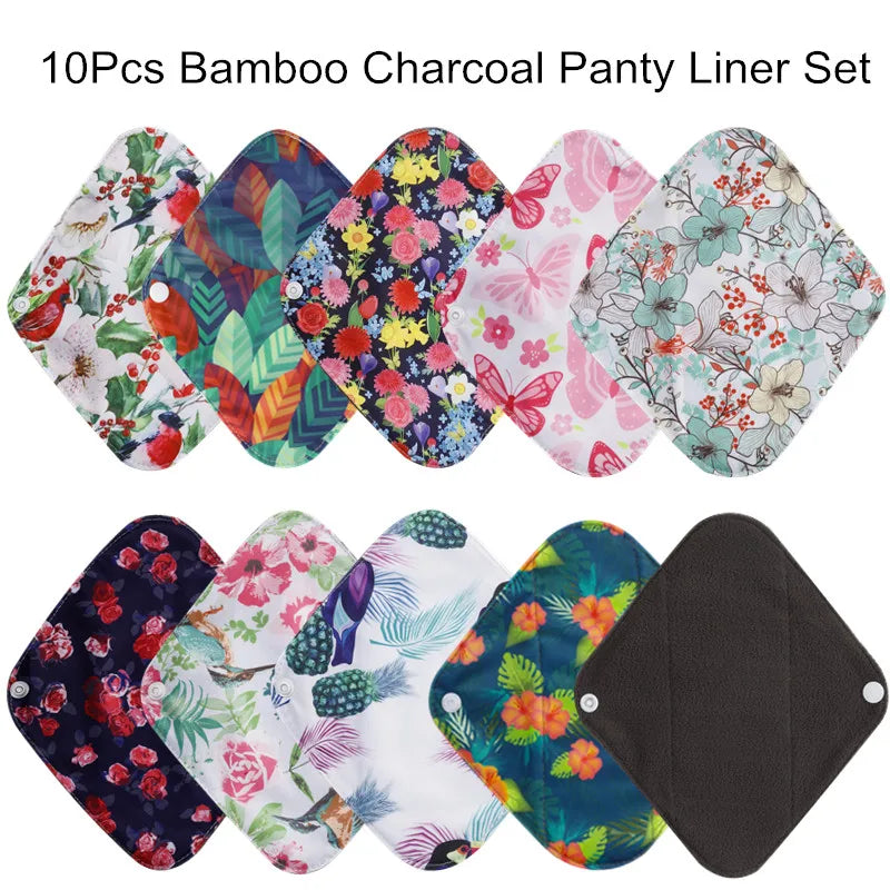 Lot de 10 serviettes hygiéniques réutilisables au charbon de Bambou-Serviettes menstruelles en coton + 1 sac de rangement